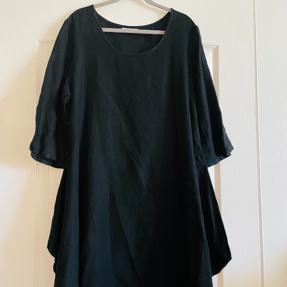 Bryn Walker 100% Linen Assymetric Lagenlook Black Tunic Dress Size L